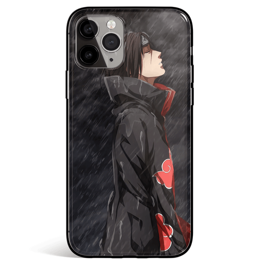 Itachi In the Rain with Akatsuki Cloak Tempered Glass Soft Silicone iPhone Case