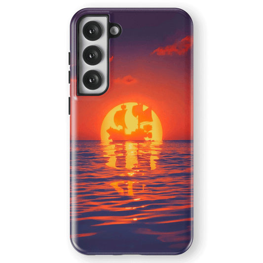 One Piece Thousand Sunny Pirate Ship in Sunset Tempered Glass Tough Samsung Galaxy Phone Case